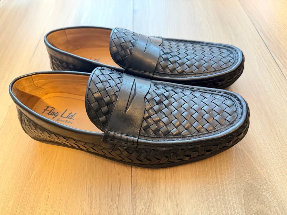 Flag Ltd. Men’s 11.5 Black Woven Leather Penny Loafers Nappa Glove Driving Shoes